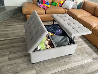 Modern Gray Tufted Storage Ottoman Bench / Coffee Table with Lift Top