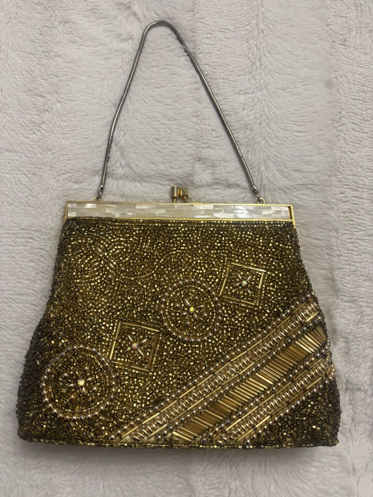 Antique 1960s Gold Beaded And Mother Of Pearl Women’s Evening Bag