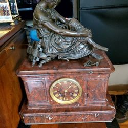 Vtg 50lb French Marble Mantle Clock w/signed bronze sculpteur by James Pradier 