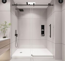 Matte Black Sliding Shower Door, Semi-Frameless, 55–60 in. W x 76 in. H,