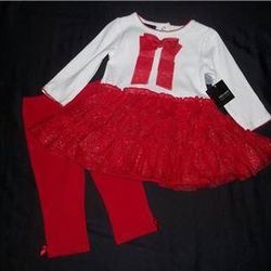 NWT Girls 6-9M White Red Tutu Skirt Dress & Leggings Christmas Outfit