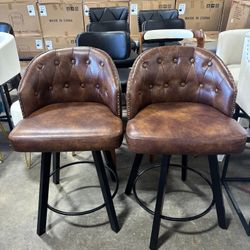Vintage Brown Faux Leather Swivel Bar Stools – Set of 2