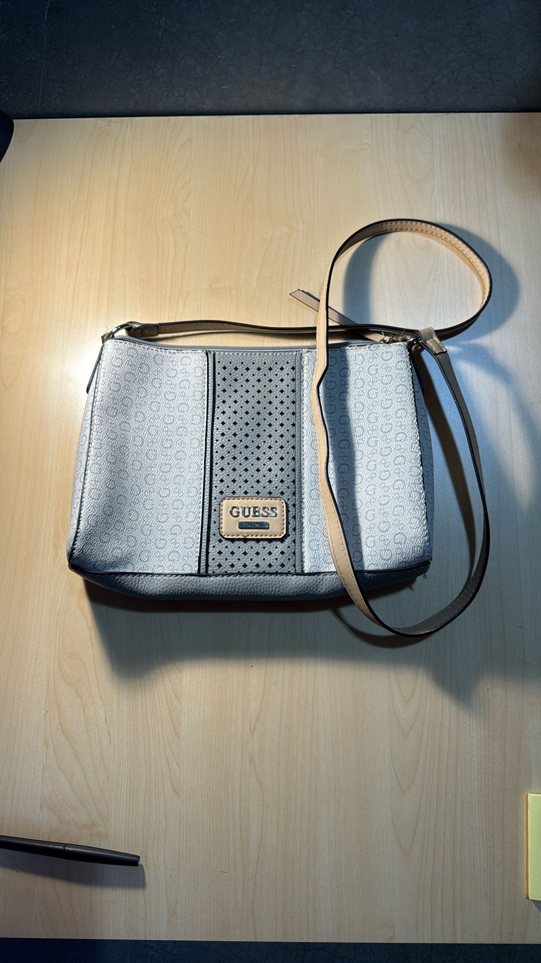 Guess Cross Body Bag Two Compartment Strap Vegan Leather Beige Hardwear