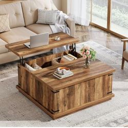 Lift Top Coffee Table, 33.46'' Square Wooden Center Cocktail Table with Large Hidden Storage Compartment for Living Room, Rustic Brown