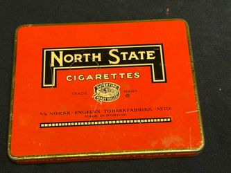Vintage North State tin box made in Norway bright orange retro tobacciana collectible