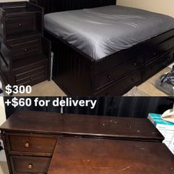 (4 Piece Set) Full bookcase Bed (mattress Included) + Step Style Shelves + 2 Dressers!