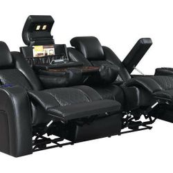 NEW DELANGELO BLACK LEATHER POWER RECLINING SOFA LED CUP HOLDERS THEATER 
SEATING