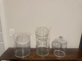 Set of 3 Clear Glass Vases and Jar