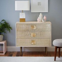 West Elm Roar + Rabbit Brass Geo Inlay 3-Drawer Dresser Chest | Modern Mango Wood