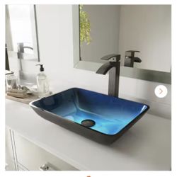 Donatello Turquoise Blue Glass 18 in. L x 13 in. W x 4 in. H Rectangular Vessel Bathroom Sink