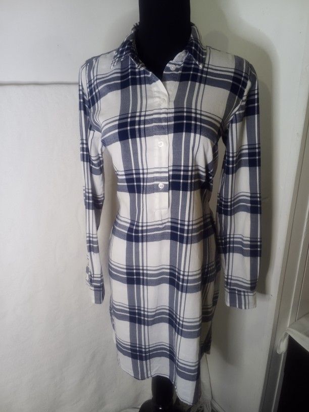 NEW J Crew Mercantile Women's Tie-waist Navy Blue Plaid Flannel Shirt dress XS
