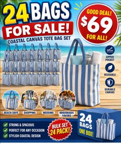 24 Pack Coastal Canvas Tote Bag Shoppers