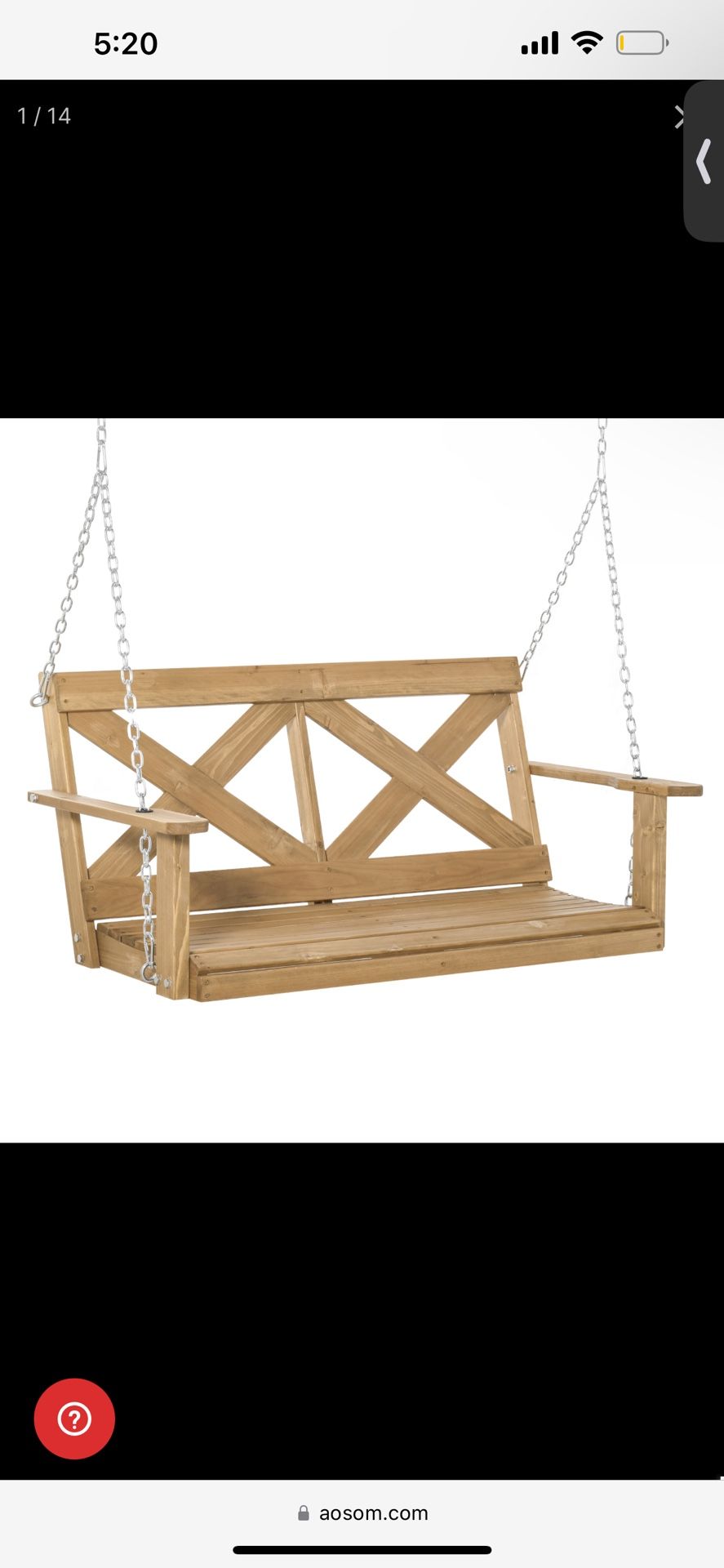 New in box 2 Person Porch Swing, Patio Swing, Outdoor Swing Bench with Pine Wood Frame and Hanging Chains for Garden and Yard, 550 lbs Weight Capacity