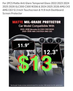 For 2PCS Matte Anti Glare Tempered Glass 2022 2023 2024 2025 2026 GLC300 C300 W206 & 2024 2025 2026 AMG C43 AMG C63 12.3 Inch Touchscreen & 11.9 Inch