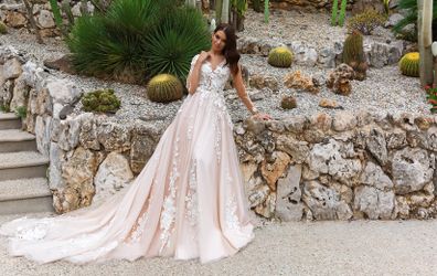 BEAUTIFUL LONG SLEEVE BLUSH TONE WEDDING DRESS CRYSTAL DESIGN