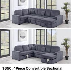 $650. 4Piece Convertible Sectional  Sleeper Sofa ,Chaise Storage ,Sofa Storage & USB Ports 98” x 103” x 61” x36”H