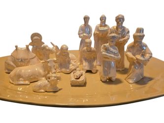 Vintage 14 Piece Ceramic Glazed Iridescent Nativity Set 5.75"