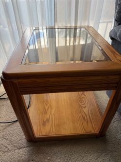 Vintage Wood End Table with Glass Top
