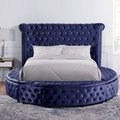 Blue Velvet Tufted Storage Queen Mattress With Queen Mattress & USB Port On Each Side 