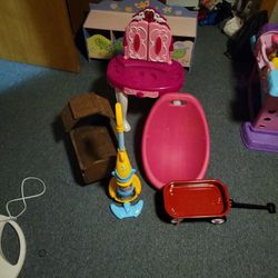 Kids Toys. (Baby Shark Vacuum $5, Musical Vanity $10, Radio Flyer Wagon $10, Pink Chair $5, Baby Wooden Crib $5