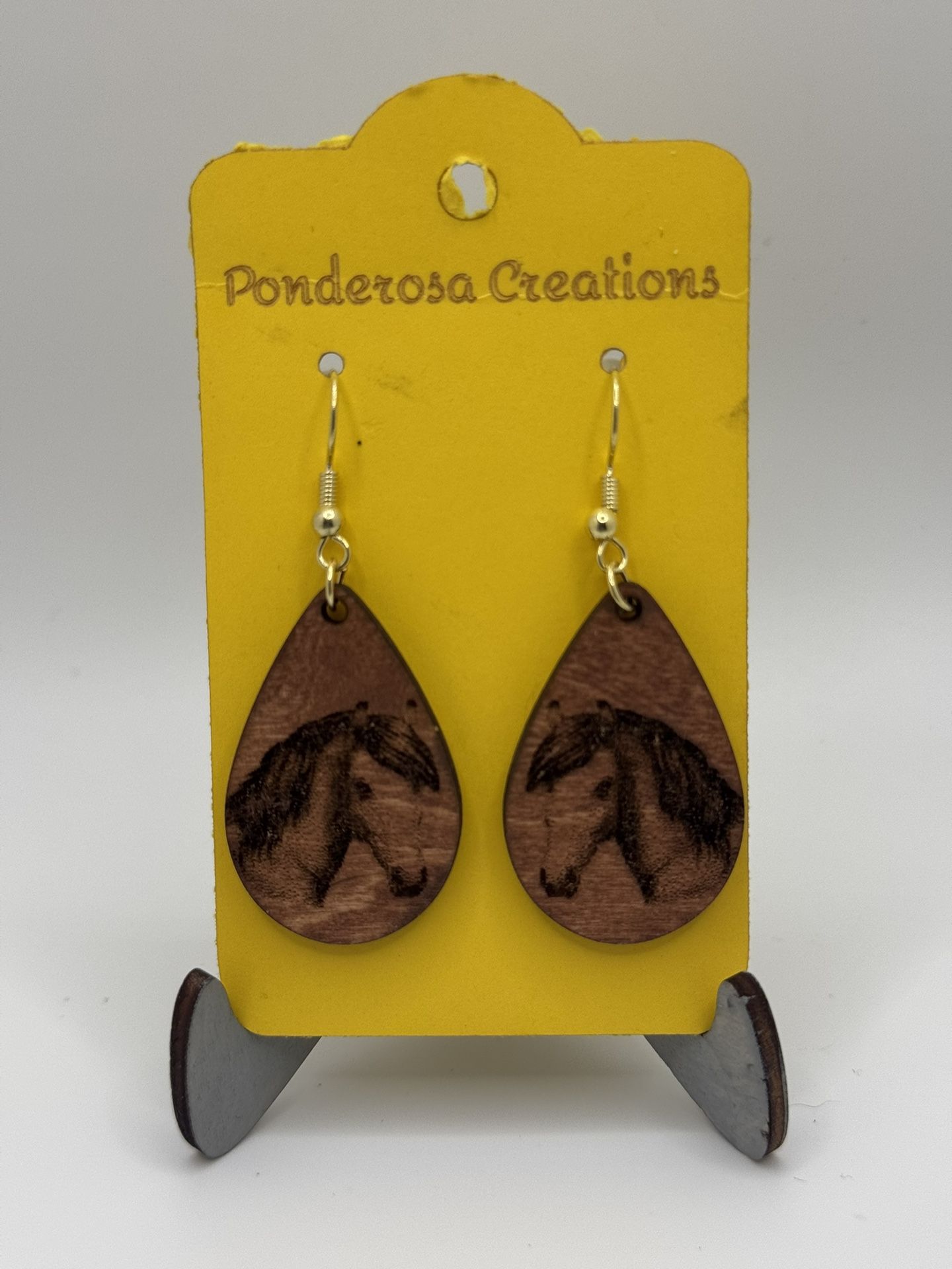 Teardrop Design - Horse (engraved) - Stained Wood - Earrings
