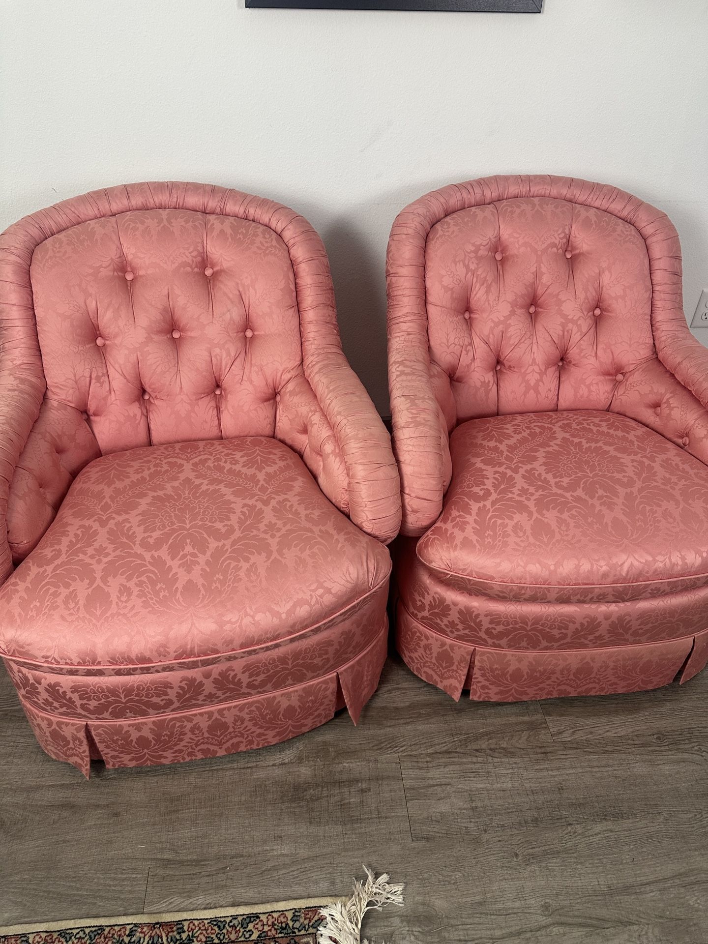 Baker Furniture Tufted Damask Chairs (Pair) – Blush Pink – Hollywood Regency