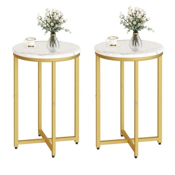 Modern Gold Side Table Set - Durable and Stable End Tables for Living Room, Small Table & Bedside Tables with Faux Marble Top, Easy to Clean Small End
