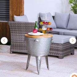 26.29 in. H Gray Galvanized Beverage Tub with Metal Stand or Accent Table with Firwood Lid