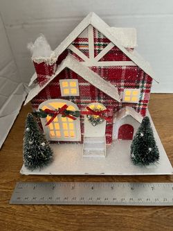 Iluminated Red Tartan Plaid Putz Christmas House w/ Bottle Brush Trees