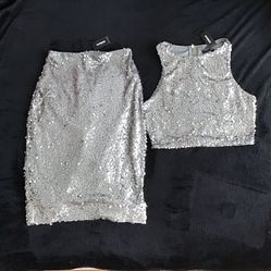 Express Silver Grey Sequin Pencil Skirt and Crop Top NEW WITH TAG
