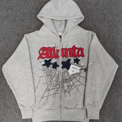 This is a Sp5der Atlanta Full Zip Hoodie in the Heather Grey color. 