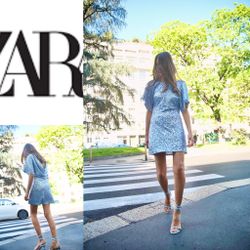 ZARA NWT Light blue Round neck short sleeve Flowy back neckline  SEQUIN dress xs