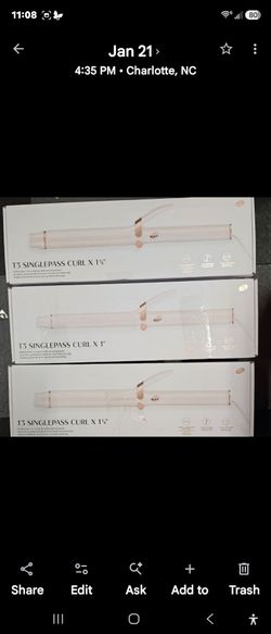 New T3 Singlepass Curl X professional curling irons. These white and rose gold styling tools have extra-long barrels in 1 inch and 1 1/4 inch sizes. E