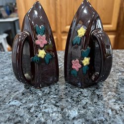 Vintage Red clay Irons Color Glossy Brown With Flowers Pair Of Salt And Pepper Shakers.  Preowned No Stoppers