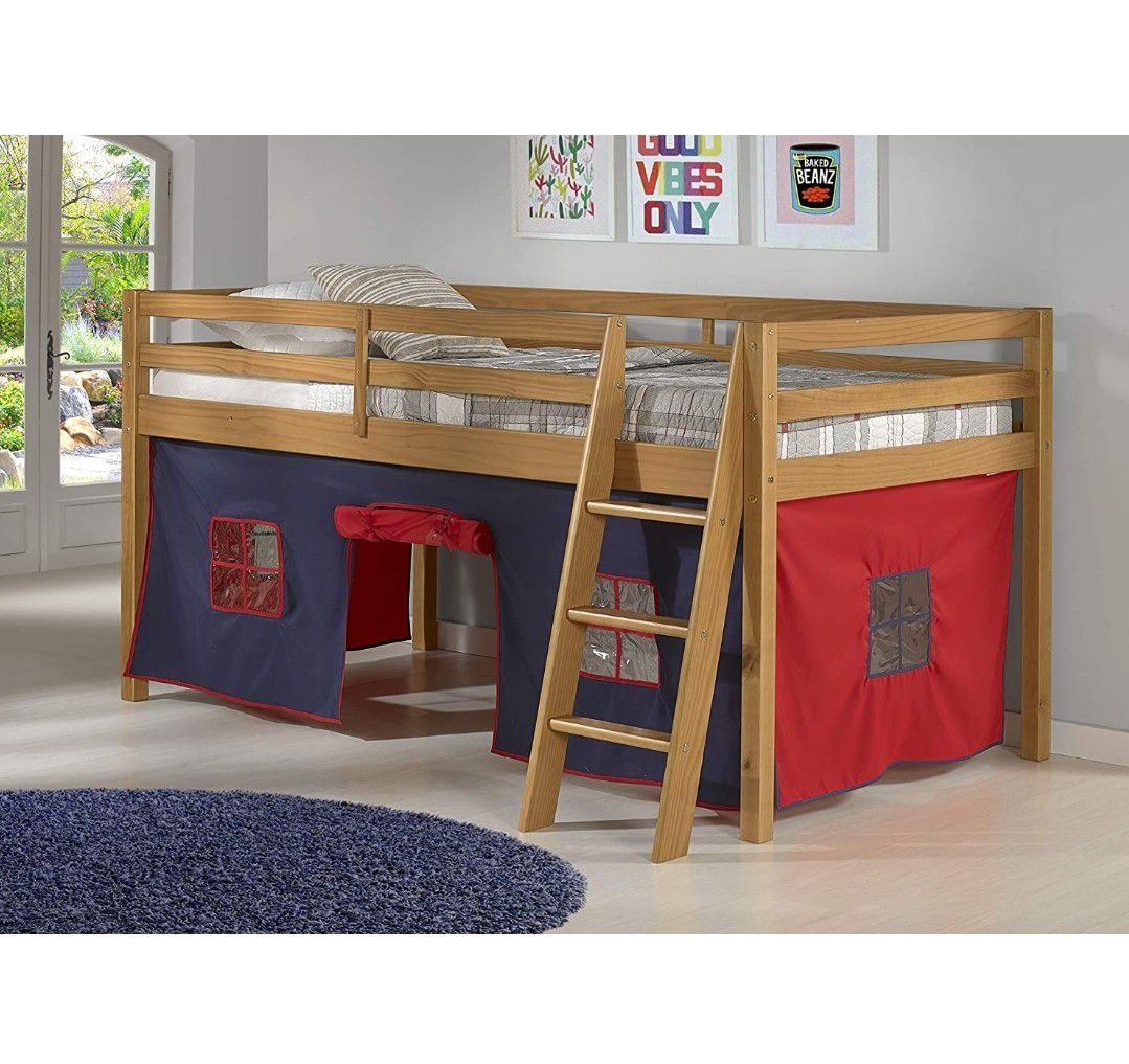 Kids Twin Loft Bed with Curtain Tent for Boys, Unisex