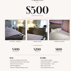 Queen Bedroom Set – Macy’s Glam, Like New – $500 (Bed + Dresser + Nightstand)