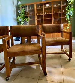 Vintage Late 70’s Oak & Corduroy Dining Armchairs On Casters