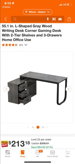  55.1 in. L-Shaped Gray Wood Writing Desk Corner Gaming Desk With 2-Tier Shelves and 3-Drawers Home Office Use  New 