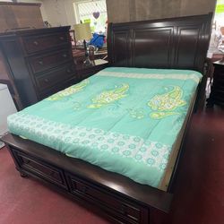 Queen Bedroom Suite Solid Wood, Dark Finish, Storage Bed