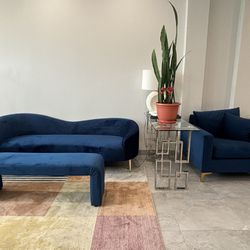 Navy Velvet Living Room Set (Sofa + Chair + Bench)