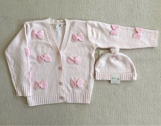 Btween Girls Bow Button Up Cardigan And Pom Beanie Size 12