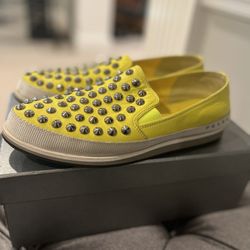 Prada Neon Yellow Studded Spikes Ladies Shoes Loafers size 38 8