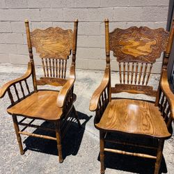 Pair Mid-Century Carved Oak Presback ArmChairs