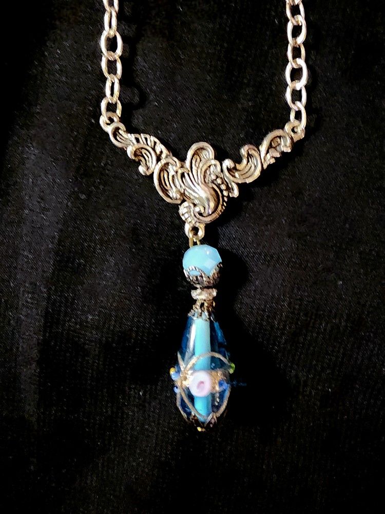 Vintage Blue Crystal and Victorian Style Silver Pendant Necklace