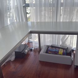 L Shaped White Desk & File Cabinet 