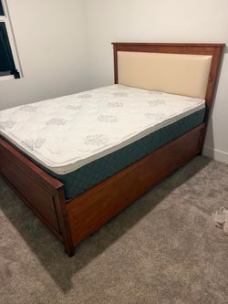 Wood Bed Frame with Upholstered Headboard