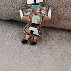 Zuni -Leo Poblano Sterling Silver Inlaid Rainbowman