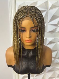 Handmade Honey Blonde Braided Wig – 14 Inch Feathered Braids, Glueless 2x6 Lace Closure
