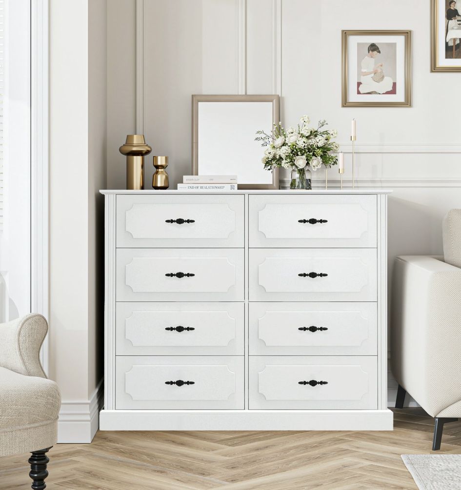 Homfa 8 Large Drawer Horizontal Dresser for Bedroom, 47'' W Vintage Wood Storage Cabinet Chest for Living Room, White