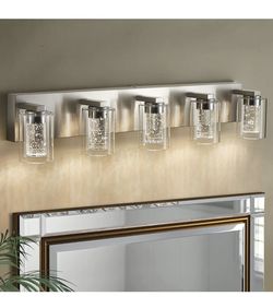 Bathroom Light Fixtures, 5 Light Brushed Nickel Bathroom Vanity Light, Crystal Bubble Glass With Dimmable 3-Color Lights, Modern Bathroom Wall Sconce 